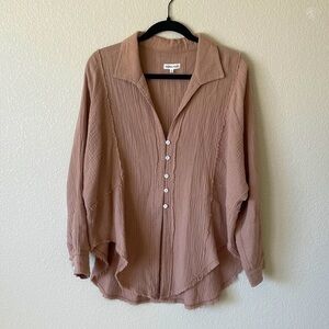 Mainstrip Gauzy Cotton Oversized Pop Over Blouse Top S Camel Tan Minimalist Boho